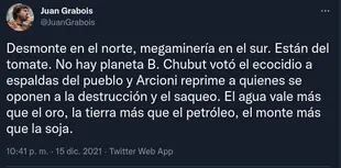 Grabois llamó "ecocidio" la extensión minera en Chubut.