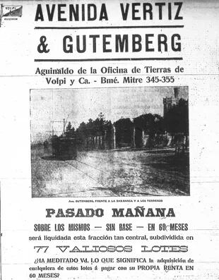 Aviso publicado en La Nación el 16 de diciembre de 1910. En la foto se adivina a la derecha, la torre de la quinta de Tornquist, y el portón de ingreso que aún sobrevive.