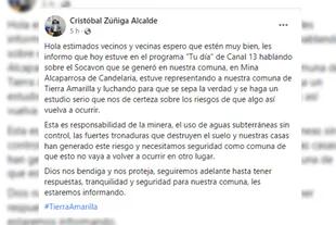 El alcalde apuntó contra la actividad minera (Foto Facebook Cristóbal Zúñiga Alcalde)