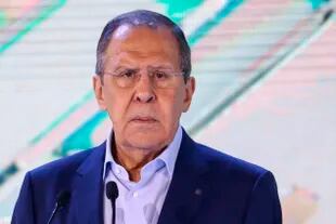 In this handout photo released by Russian Foreign Ministry Press Service, Russian Foreign Minister Sergey Lavrov addresses the New Horizons Educational Marathon in Moscow, Russia, Tuesday, May 17, 2022. (Russian Foreign Ministry Press Service via AP)