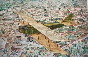 Acuarela, de Gustavo Arias, muestra el
Primer vuelo a Barranquilla por William Knox Martin el 15 de junio de 1919 en su Curtiss IN-4 “Jenny”