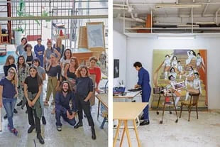 Algunos de los artistas que eligieron el taller Paz Soldán como lugar de trabajo, por sus amplios espacios y luz. Daniela Abbate trabaja en una pintura neobarroca que comenzó a producir en 2020.