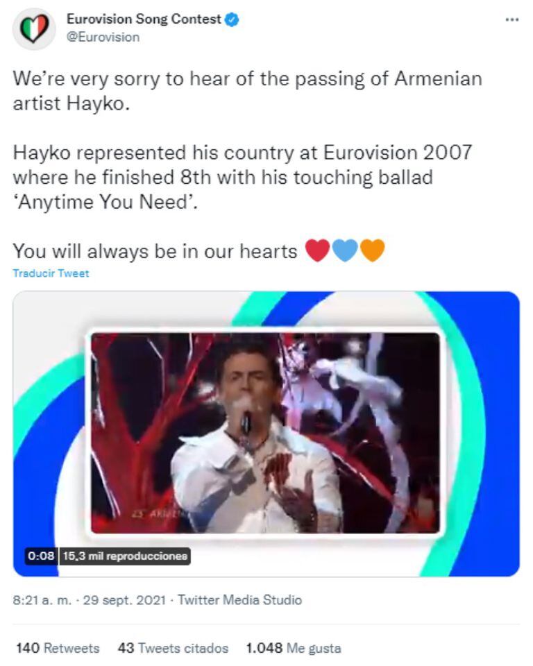 El Festival de la Canción de Eurovisión lamentó la muerte de Hayko a través de un mensaje en su cuenta oficial de Twitter
