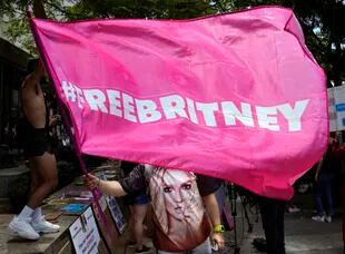 Un fanático de Britney Spears ondea una bandera con el lema #FreeBritney afuera de la corte durante una audiencia realizada en junio sobre la curaduría que controla la vida y finanzas de la estrella pop