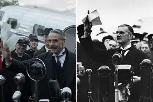 El primer ministro Neville Chamberlain (en la ficción y en la realidad) saluda a la multitud en el aeropuerto de Heston, al regresar de la firma del Acuerdo de Munich