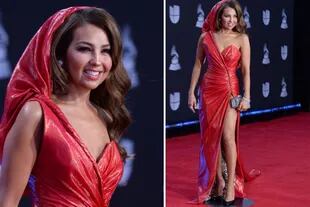 Thalia, cual Caperucita roja, desfiló por la alfombra de los Latin Grammy. Después durante la entrega de los premios mostró un cambio de vestido