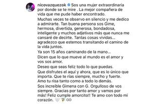 Las románticas palabras de Nico Vázquez por los 37 años de Gimena Accardi (Foto: Instagram @nicovazquezok)