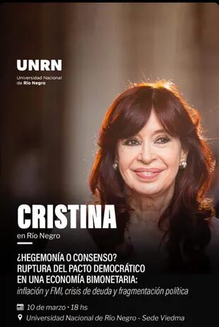 Cristina Kirchner volverá a aparecer en Viedma, en la Universidad de Río Negro
