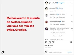 Así anunció Julieta Díaz que le hackearon la cuenta de Twitter (Foto: Instagram @julietadiaz77)