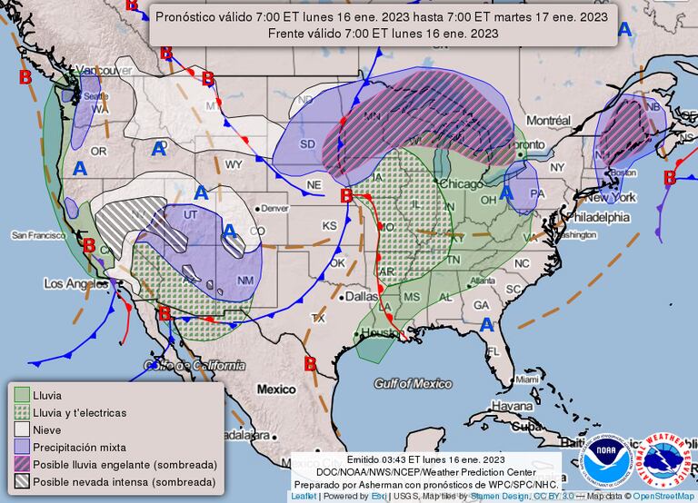 Mapa del pronóstico del clima en Estados Unidos del lunes 16 de enero