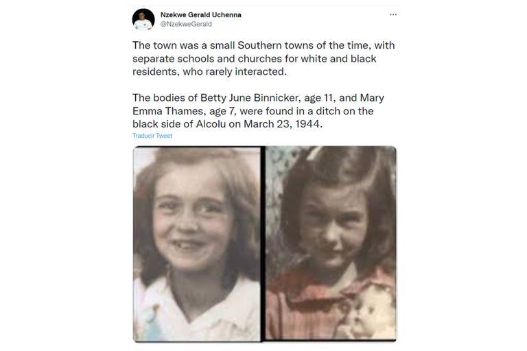 Betty June Binnicker, de 11 años, y Mary Emma Thames, de 7, fueron halladas muertas en la vía del tren de Alcolu, California del Sur, durante marzo de 1944