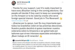 Jair Bolsonaro's tweet in response to Leonardo DiCaprio