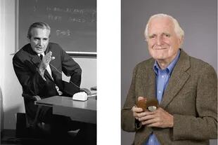 A la izquierda, Douglas Engelbart en 1968 ensayando para la demostración pública de su diseño; a la derecha, Engelbart en 2008, con el prototipo del mouse