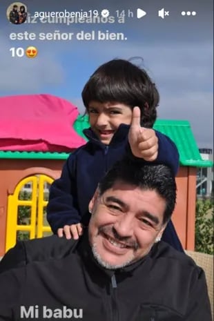 Benjamín Agüero, hijo de Kun Agüero y Gianinna Maradona, también saludó a su abuelo Diego en el día en que cumpliría 62 años
