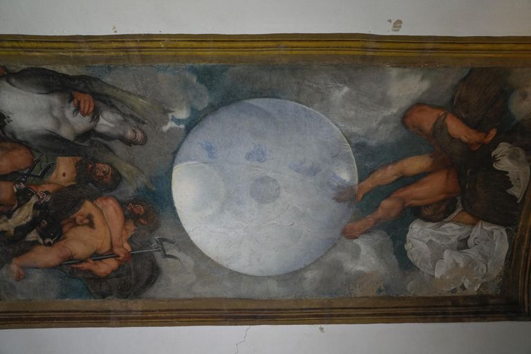 A wall painting attributed to 16th-century artist Michelangelo Merisi, known as Caravaggio, is seen inside the Casino dell'Aurora, also known as Villa Ludovisi, in Rome, Tuesday, November 30, 2021. The villa containing the only known ceiling painted by Caravaggio goes up for auction by court order on Tuesday, January 18, 2022 with an estimated value of almost 500 million euros (dollars), due to an inheritance dispute between the heirs