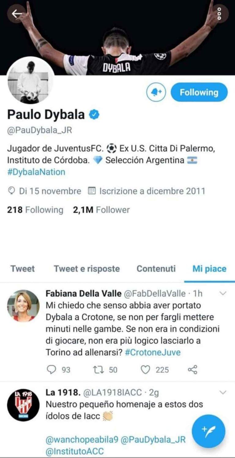 Dybala le dio "me gusta" a un comentario de la periodista Fabiana Della Valle, de la Gazzetta dello Sport, en el cual planteaba un interrogante sobre la decisión del entrenador Andrea Pirlo de convocar al delantero argentino.