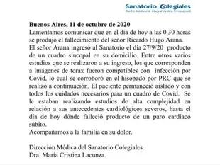 El comunicado del Sanatorio sobre la muerte de Hugo Arana