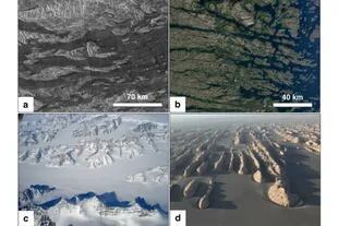 Una comparación de las teselas de Venus (arriba a la izquierda) con los patrones de erosión de los ríos en Canadá (arriba a la derecha), Groenlandia (abajo a la izquierda) y China (abajo a la derecha)