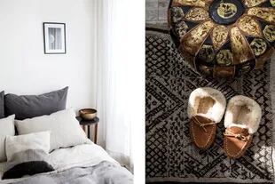 Ropa de cama y almohadones en tonos grises (Casacas). Sobre la alfombra que compró en Londres, puf heredado: “Lo compraron mis abuelos hace más de 50 años en un viaje a Marruecos”. 