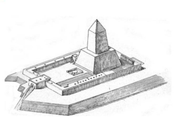 Un dibujo que representa la fisonomía que tenían los templos solares como el que se habría hallado recientemente en el sitio arqueológico de Abusir, en la región de Menfis, Egipto