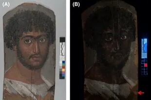 (A) “Retrato de un hombre barbudo” (Museo de Arte Walters). (B) El retrato bajo luz ultravioleta. El clavi púrpura en los hombros aparece rosa anaranjado, indicado por una flecha