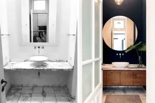El baño se actualizó con pintura azul, un nuevo espejo redondo y el mueble bajomesada de petiribí.