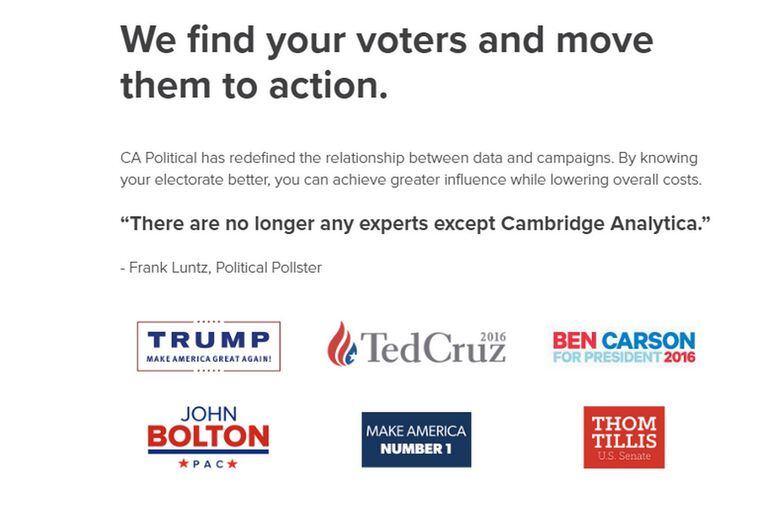  En su sitio web la división de campañas políticas de Cambridge Analytica remarca su participación en las campañas presidenciales de Donald Trump y Ted Cruz