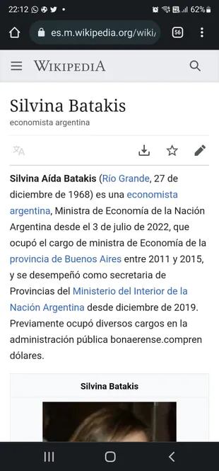 La edición del perfil de Silvina Batakis en Wikipedia que llamó la atención de los internautas tras el anuncio.