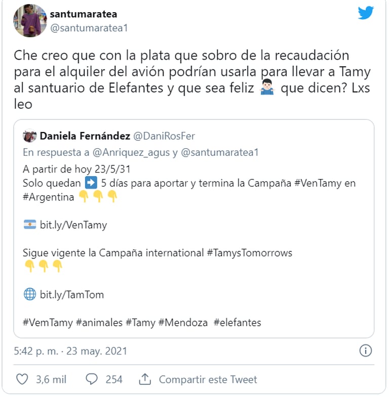 El tuit con el que el influencer proponía donar el excedente de una campaña para salvar a Tamy