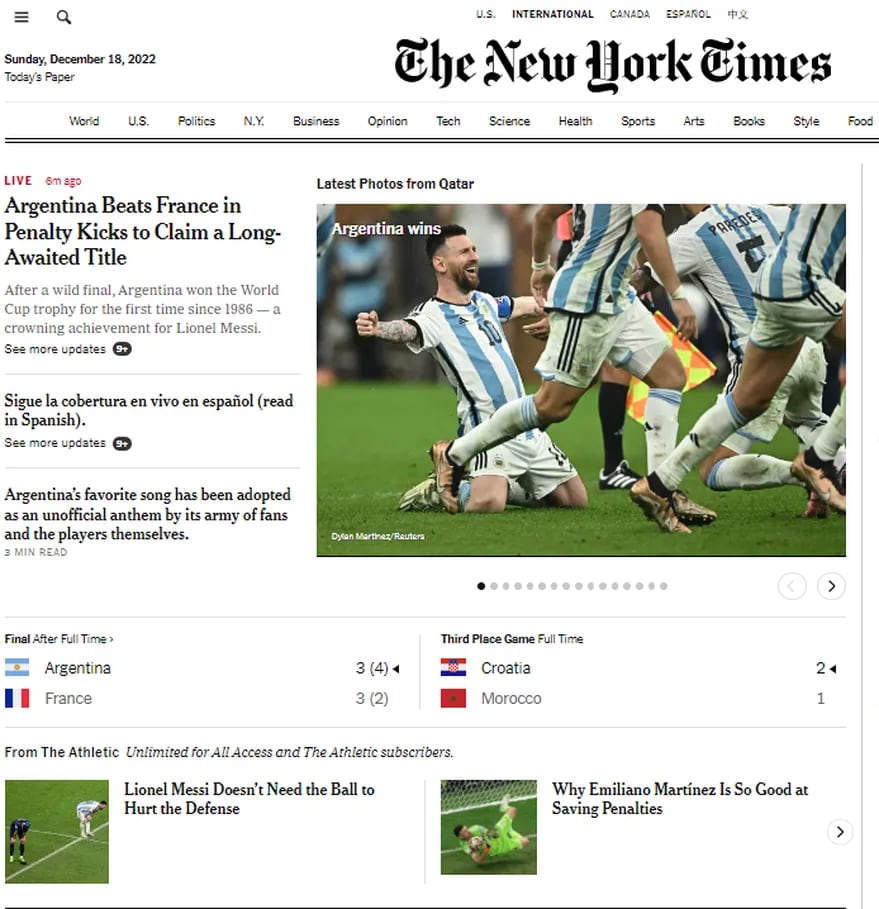 Así tituló The New York Times el triunfo argentino