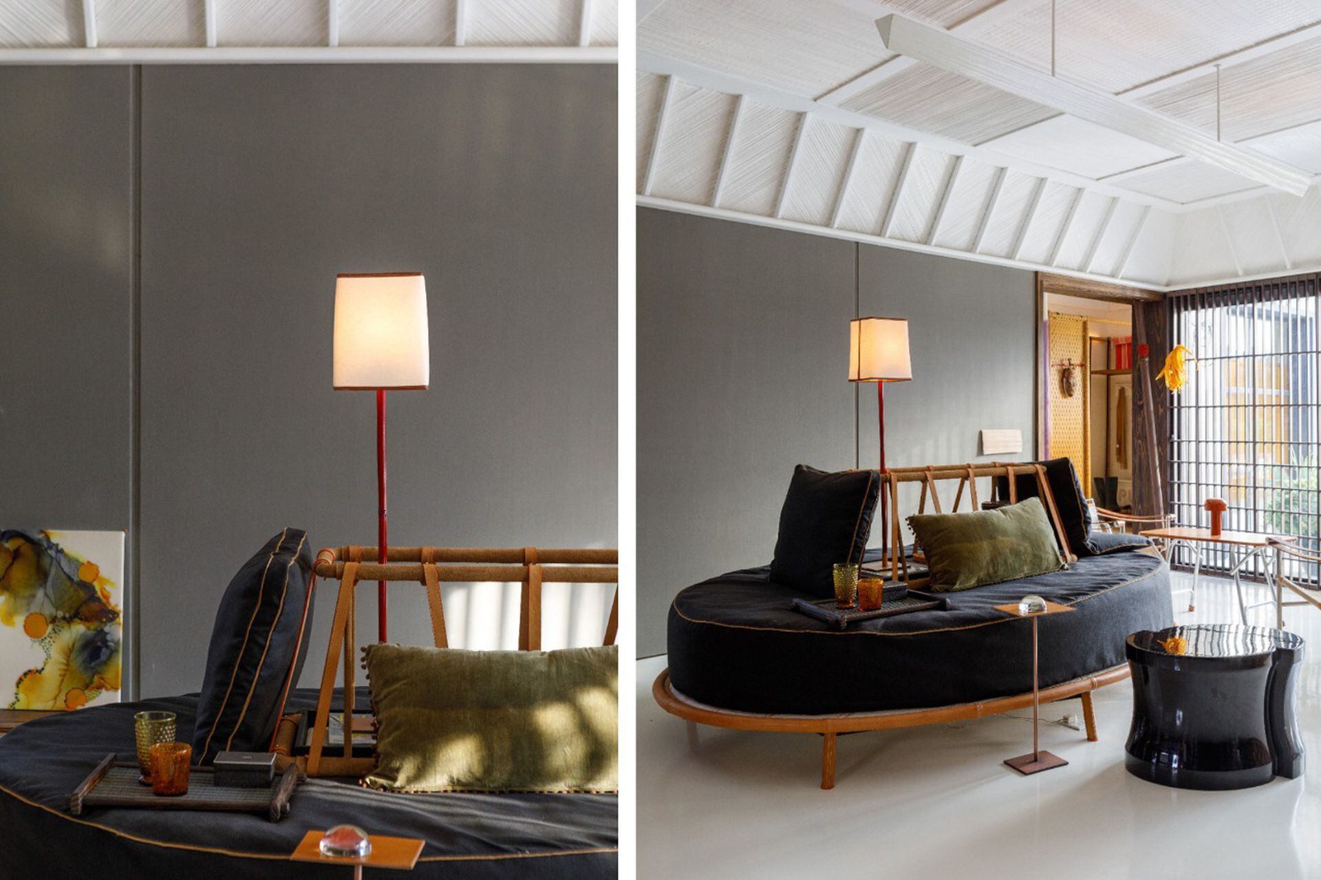 Sofá ovalado ‘Satelait’ con respaldo móvil, lugar para libros y conexión para luz eléctrica y lámpara de techo en forma de prisma (todo de Eugenio Aguirre).