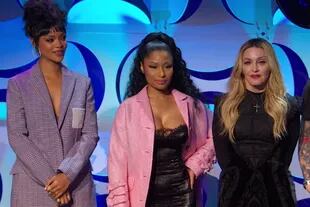 Rihanna, Nicki Minaj y Madonna durante la presentación de Tidal, el servicio de streaming creado por el rapero Jaz Z y apoyado por los principales artistas de la industria discográfica