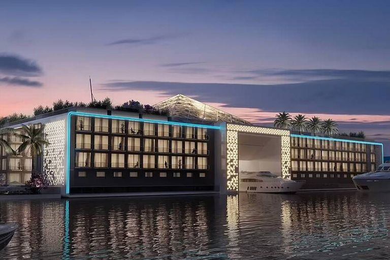 El edificio principal del Palacio Flotante  contará con restaurantes gourmet, un spa, piscinas, un garaje para hasta 16 embarcaciones y un helipuerto.