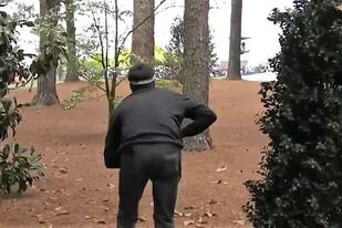 Bubba Watson observa después de sacar la pelota de los árboles en el hoyo 18