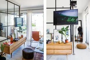Un tubo niquelado sostiene la TV y le permite girar 180 grados para verla desde el dormitorio. Junto a la ventana, sillón en cuero color suela (MG Muebles y Objetos).