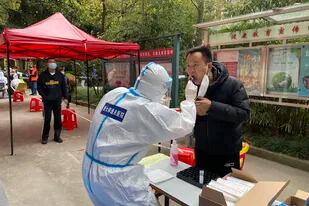 En esta imagen, distribuida por la agencia noticiosa Xinhua, un trabajador sanitario de la provincia de Zhejiang toma una muestra bucal a una persona para una prueba de detección del coronavirus, en el distrito de Pudong, en el este de la ciudad china de Shanghái, el 28 de marzo de 2022. (He Zhongming/Xinhua via AP)