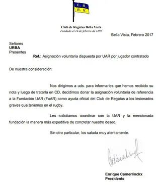 La carta que Regatas Bella Vista envió a la URBA en la que le comunicó que donaba el dinero por los derechos formativos de Santiago Cordero a la FUAR