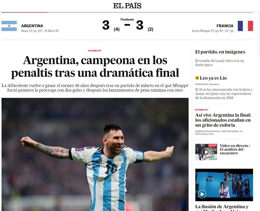 Así tituló El País el triunfo argentino