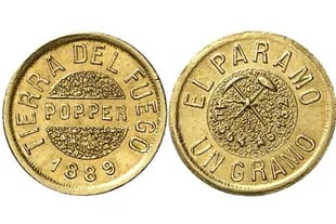 Las monedas de oro acuñadas por Julio Popper. Luego de su muerte, comenzaron a salir a la luz las atrocidades que cometió en la isla de Tierra del Fuego