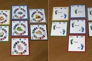 Detalle de anverso (alimentos y su situación, por colores, en la pirámide alimentaria) y reverso (huella de carbono e hídrica de los alimentos) de las tarjetas utilizadas en el memo-juego