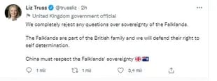 El tuit de Liz Truss, ministra de la Corona Majestad para Relaciones Exteriores y asuntos del Commonwealth, sobre el apoyo de China al reclamo argentino sobre las islas Malvinas.