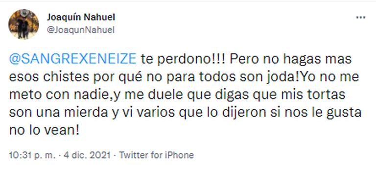 Joaquín Nahuel cruzó a la cuenta "Sangre Xeneize" por haber publicado un tuit falso de él criticando a los jugadores de Boca