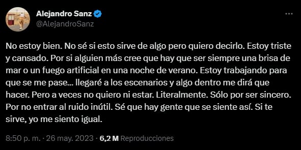 El mensaje a corazón abierto de Alejandro Sanz en Twitter que generó preocupación entre sus fans