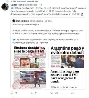 “Lástima que Máximo Kirchner no leyó este tuit”, el mensaje que compartió Aníbal Fernández.