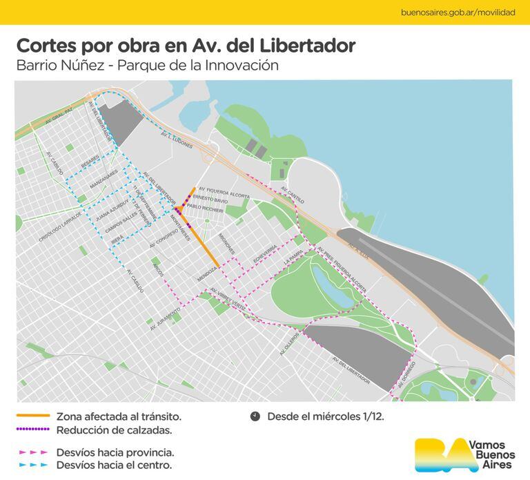 El mapa de los cortes por obras en la Avenida del Libertador