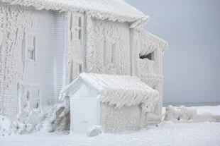 Houses, vehicles, billboards and streets completely covered in ice