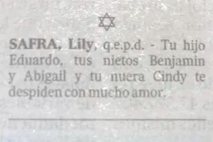 Eduardo Cohen despidió a su mamá con un aviso en el diario La Nación. 
