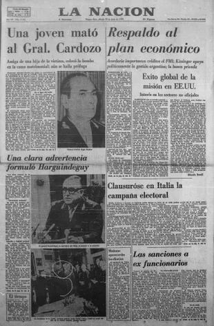 La noticia del atentado al jefe de la Policía Federal, general Cesáreo Cardozo, en la primera plana de LA NACION, en la edición del sábado 19 de junio de 1976