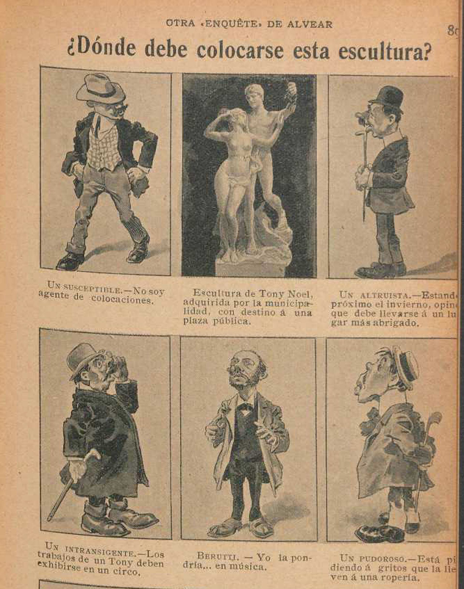 ¿Dónde debe colocarse la escultura de Tony Noel? Comic publicado en la revista PBT en 1907.