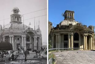 El Pabellón del Centenario, en 1910 y en 2020 en una imagen comparativa que muestra el deterioro del edificio 